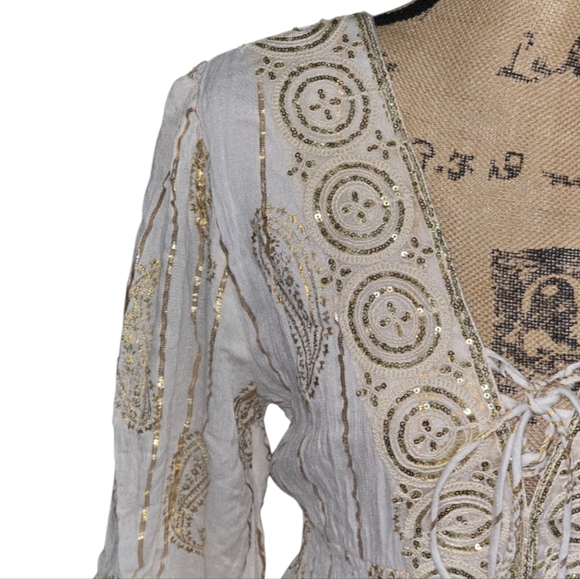 Anthropologie X Magic Me Cream And Metallic Gold Bohemian Lace Midi Dress SZ‎ XL - Picture 7 of 10